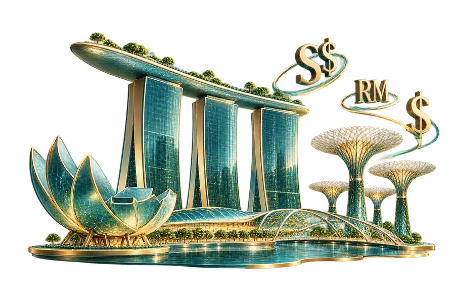 Illustration of the Singapore skyline with currency symbols